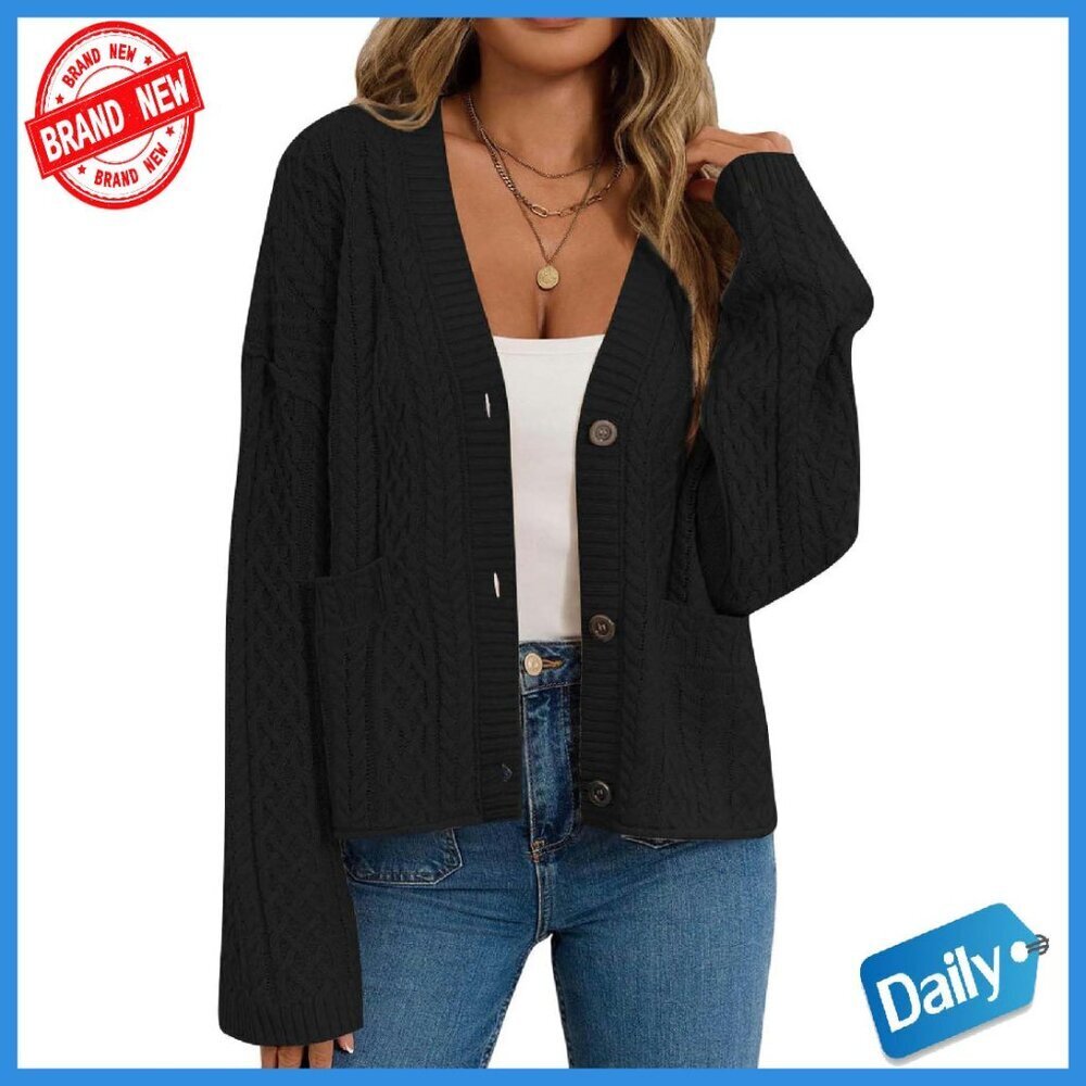 Chunky Knit Button Cardigan, Loose Fit, Long Sleeve, Polyester Acrylic Blend